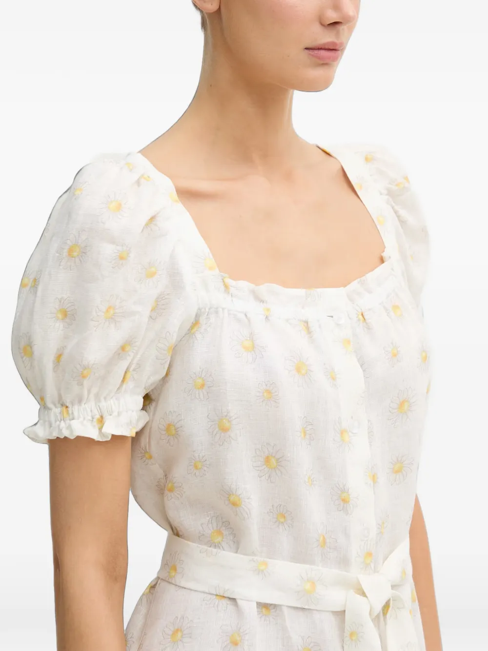 Sleeper Brigitte daisy-print belted linen midi dress Wit