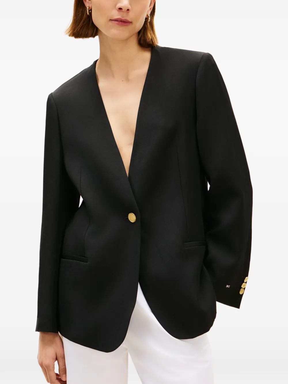Tommy Hilfiger Kraagloze blazer van linnenblend met enkele rij knopen Zwart