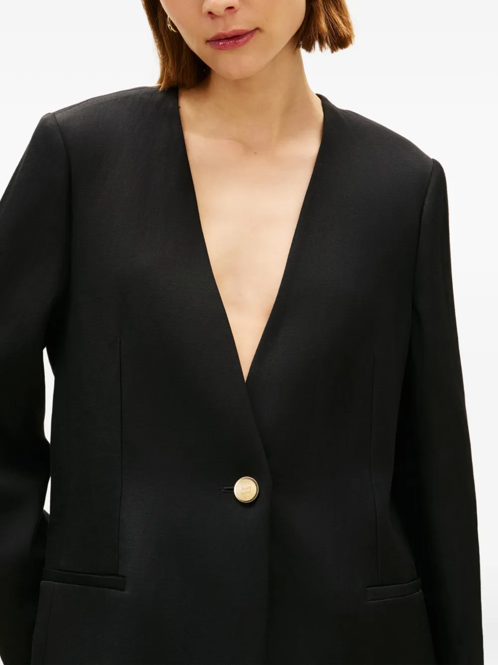 Tommy Hilfiger Kraagloze blazer van linnenblend met enkele rij knopen Zwart