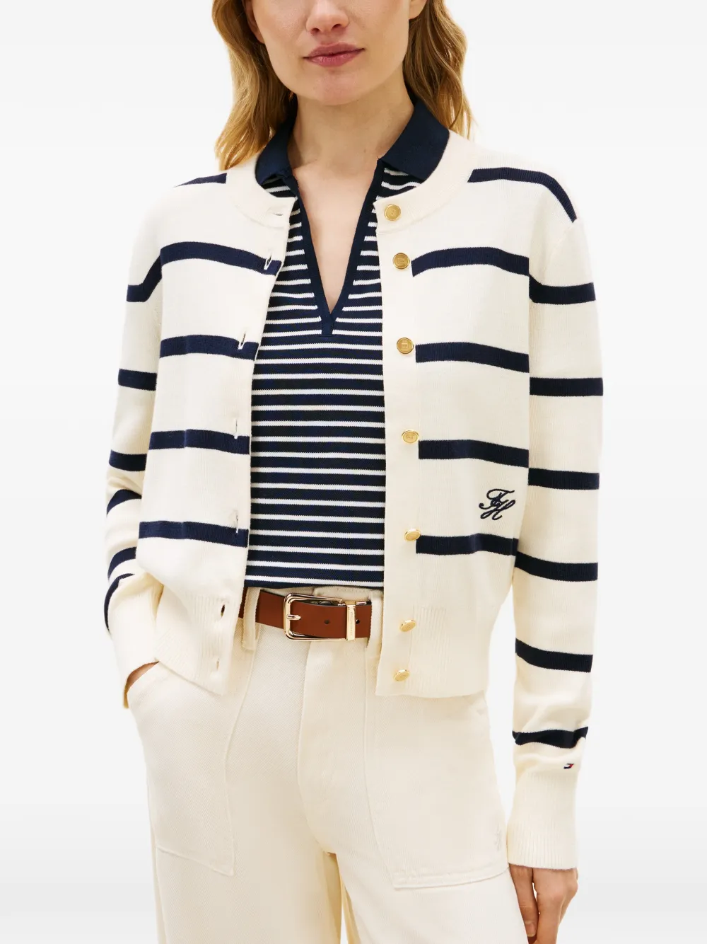 Tommy Hilfiger Premium gebreid katoenen vest met horizontale streep Beige