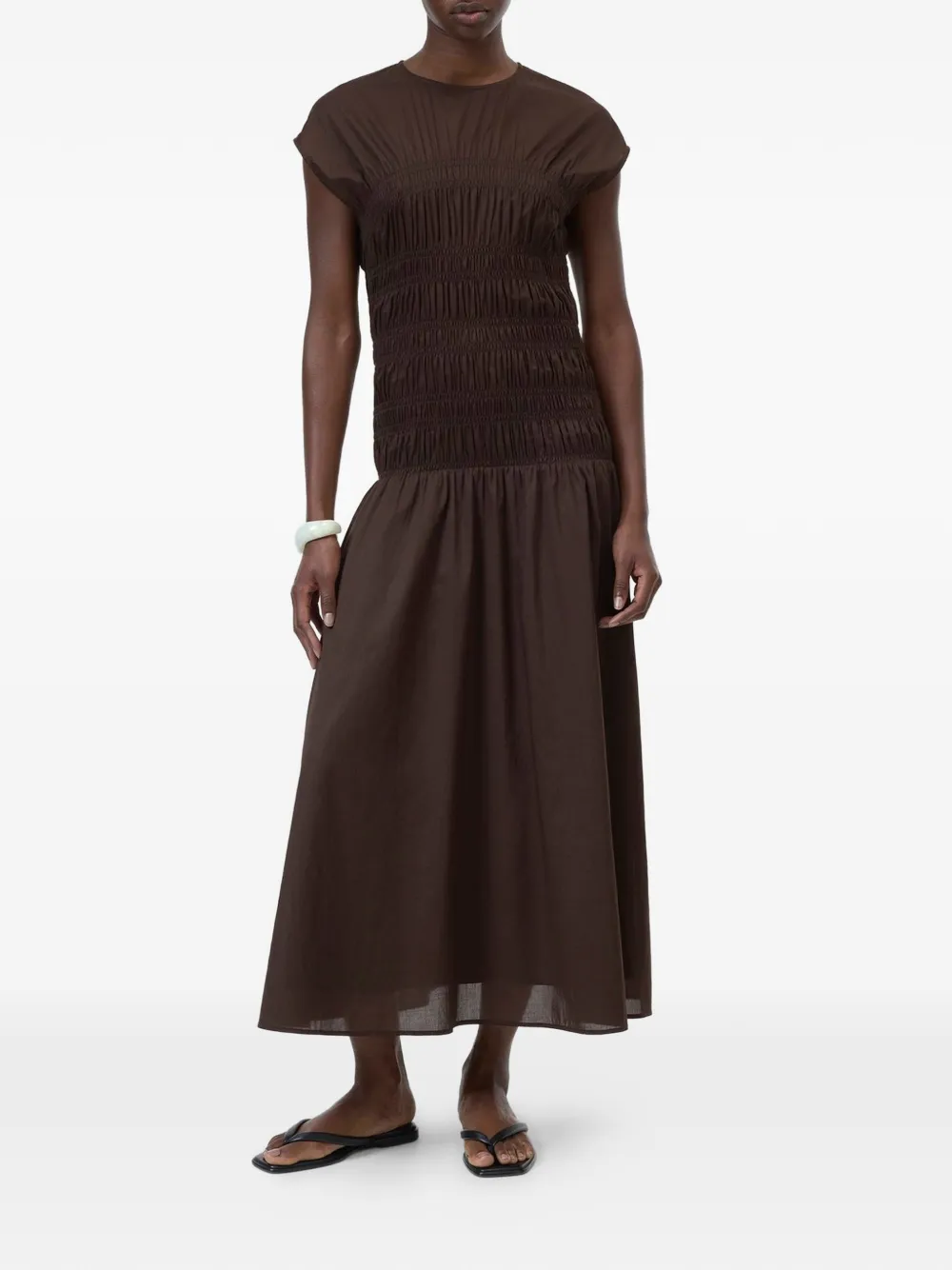 Closed shirred midi dress - Marrone