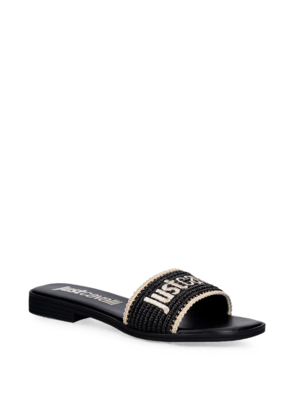 Just Cavalli logo-embroidered raffia-effect flat sandals Zwart