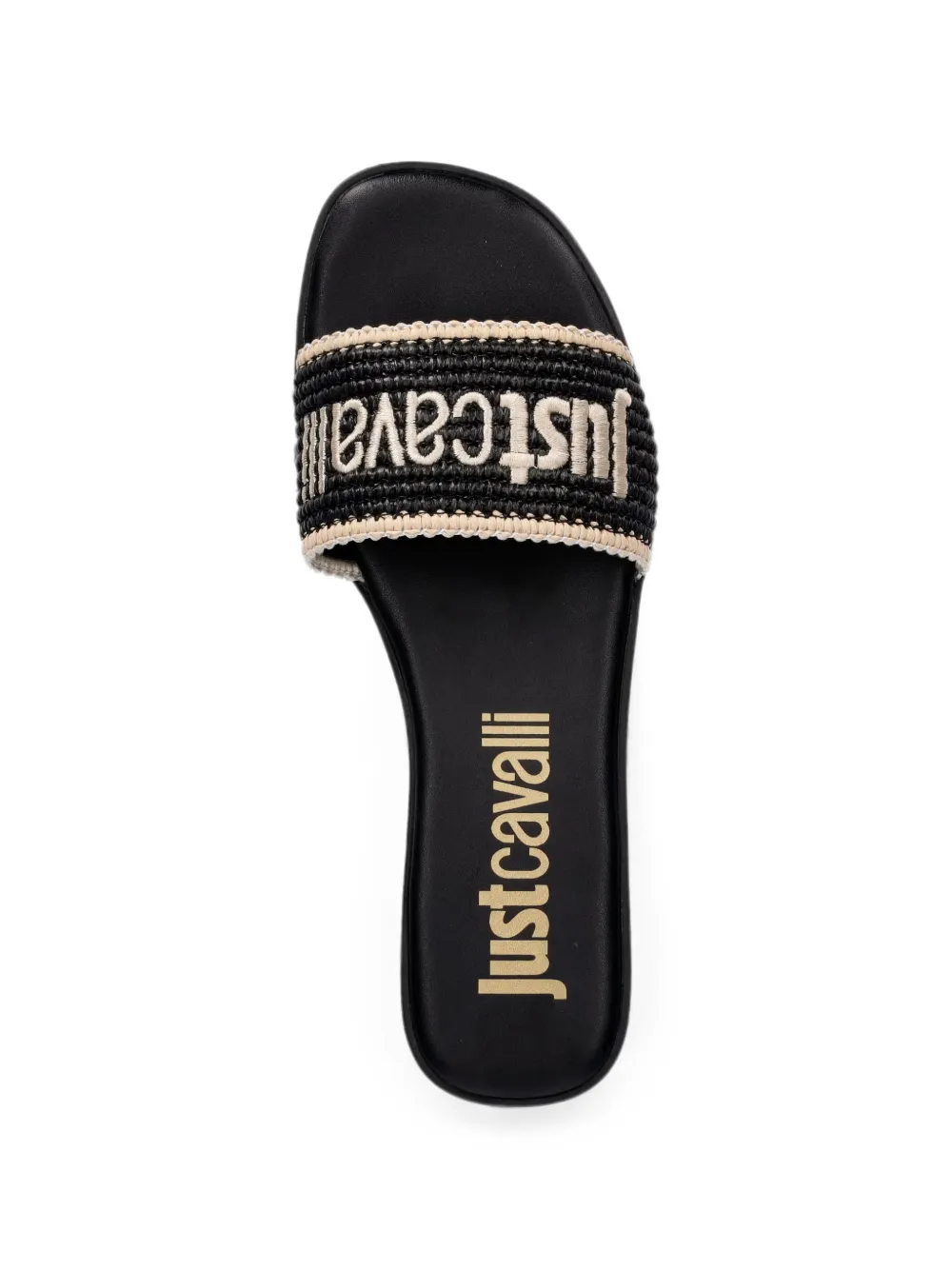 Just Cavalli logo-embroidered raffia-effect flat sandals Zwart