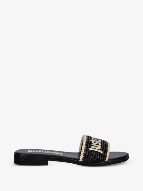 Just Cavalli logo-embroidered raffia-effect flat sandals