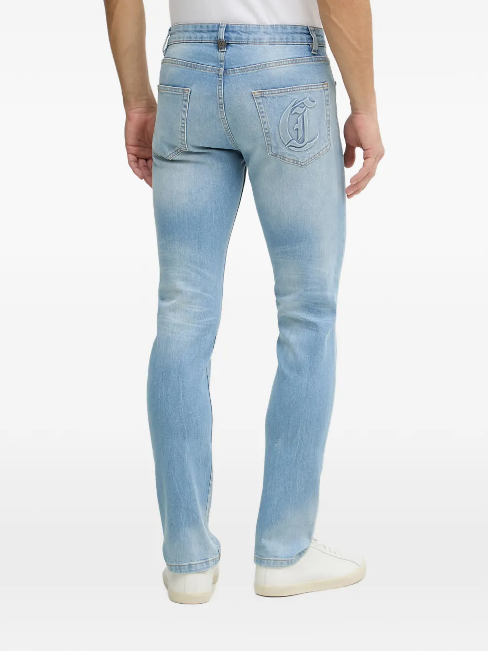 Just Cavalli logo-embossed distressed jeans Blauw