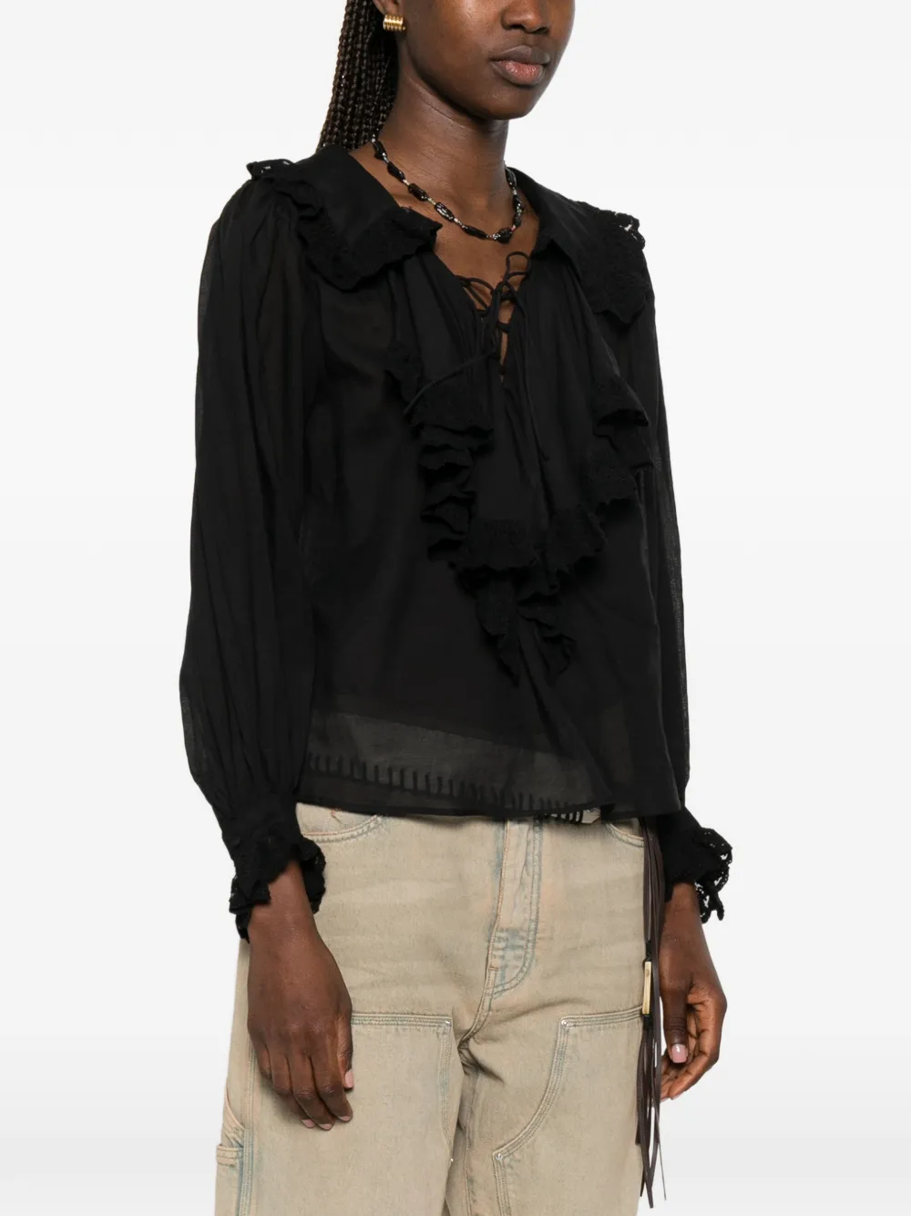 Rixo Milia blouse met ruches en kant Beige