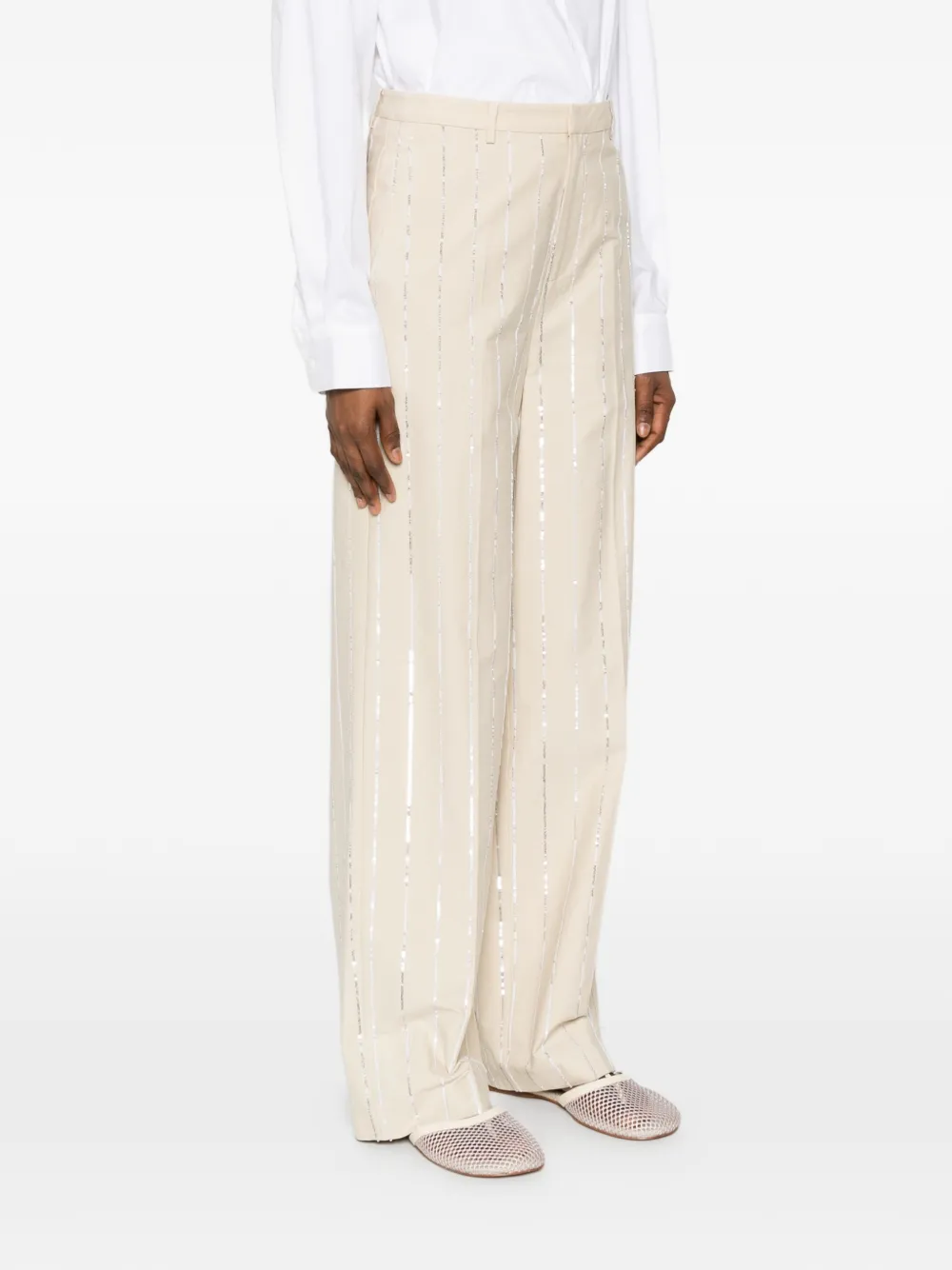 Isabelle Blanche Broek met krijtstreep en pailletten Beige
