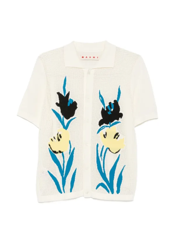 Marni Floral-intarsia Mesh Cardigan in Neutrals