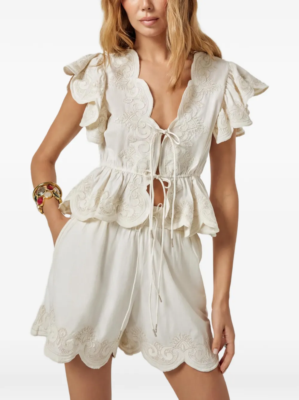 SCARLETT POPPIES Terrel ruffled embroidered top - Bianco