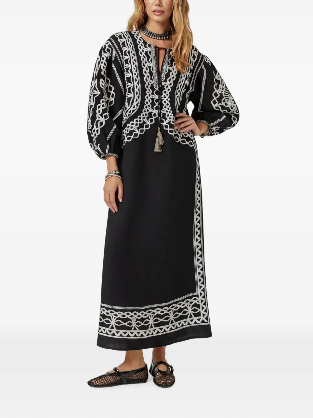 SCARLETT POPPIES Tahara embroidered tassel-detail kaftan - Schwarz