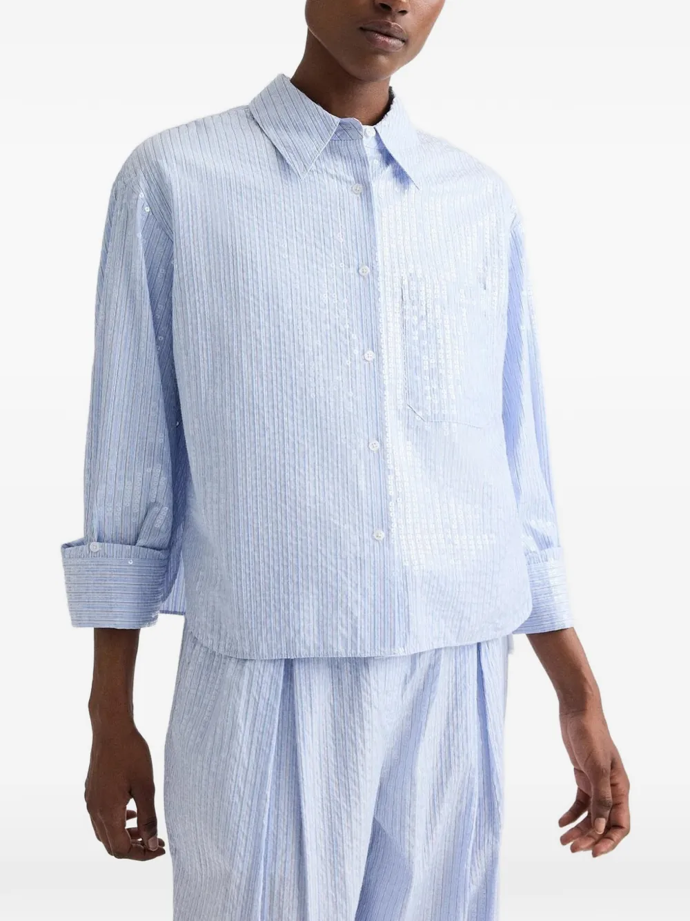 Twp Sequin-embelished Striped Shirt in Blue, view 5
