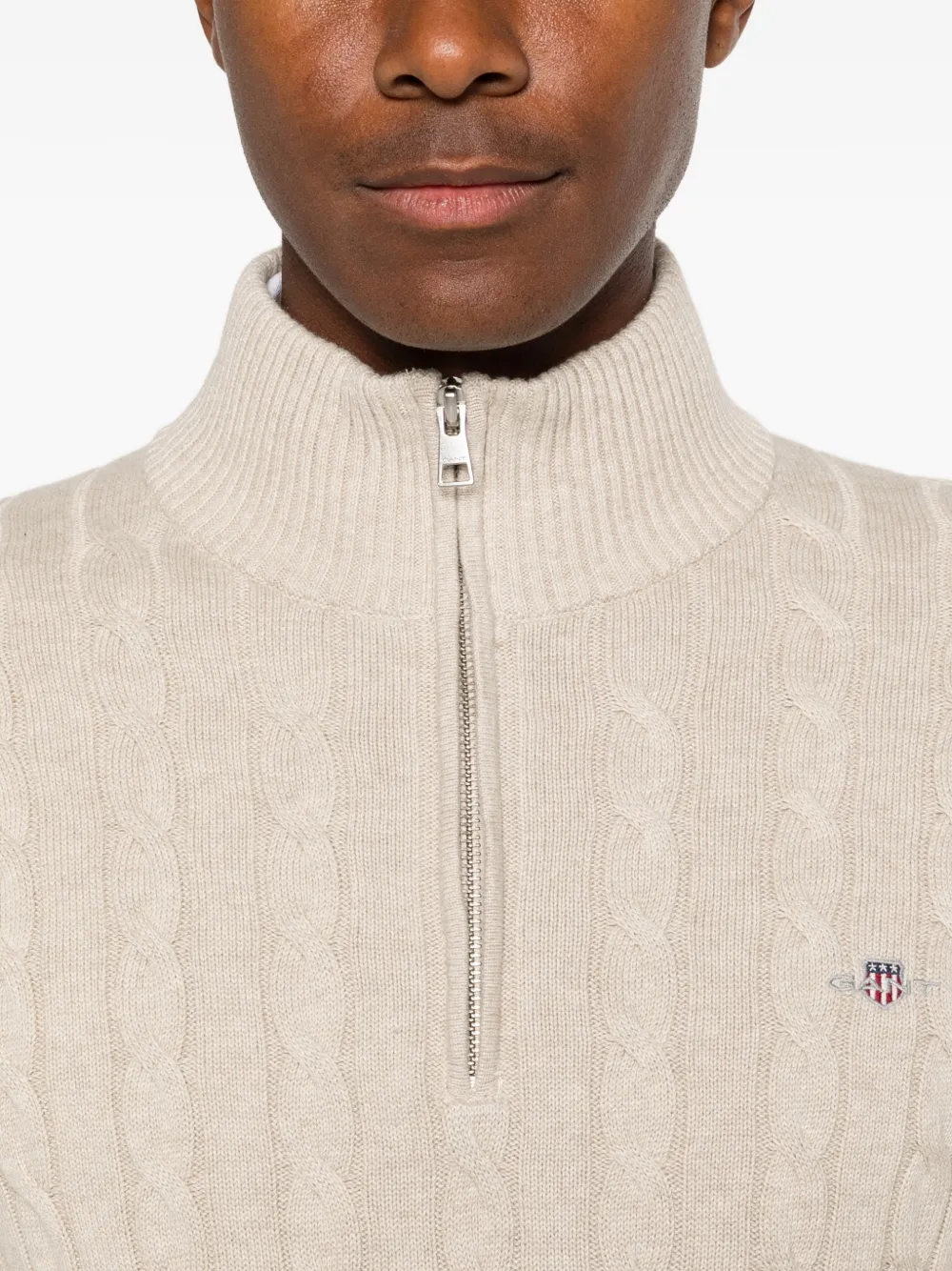 Gant Kabelgebreide trui met kwartrits Beige