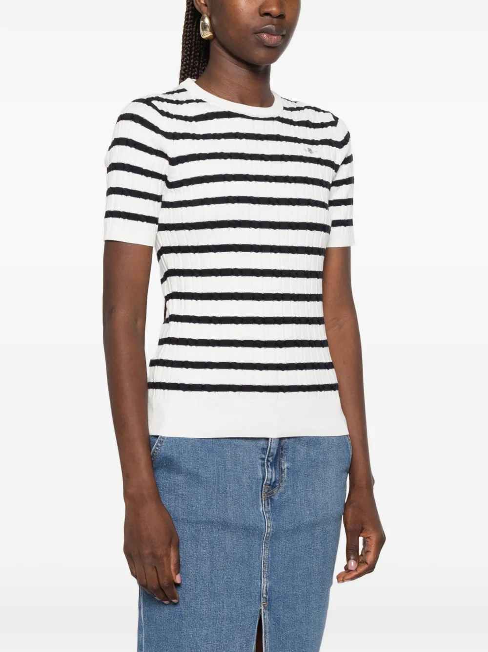 Gant Wafelgebreid T-shirt met horizontale streep Wit