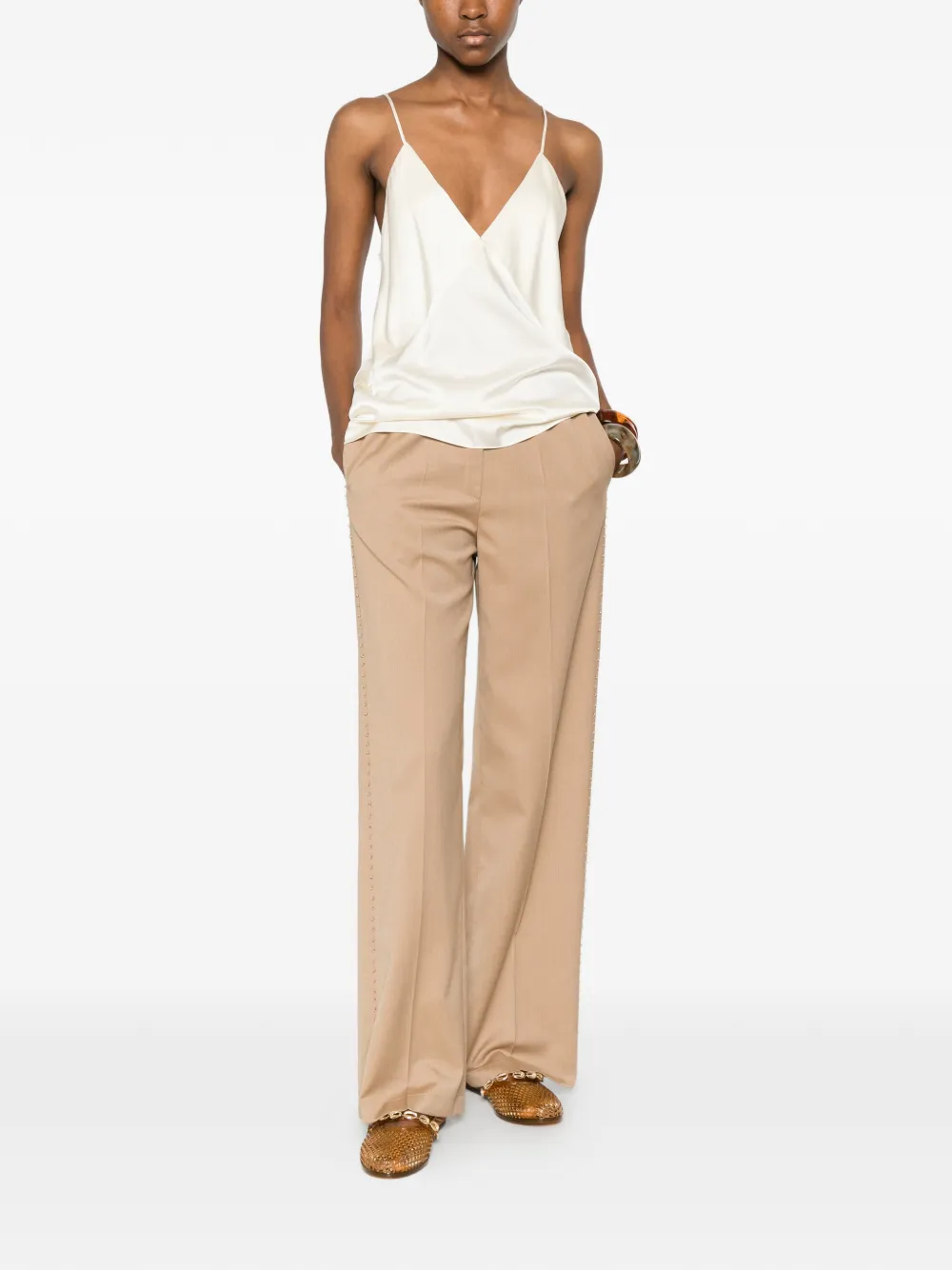 Forte Broek verfraaid met kralen en wijde pijpen Beige