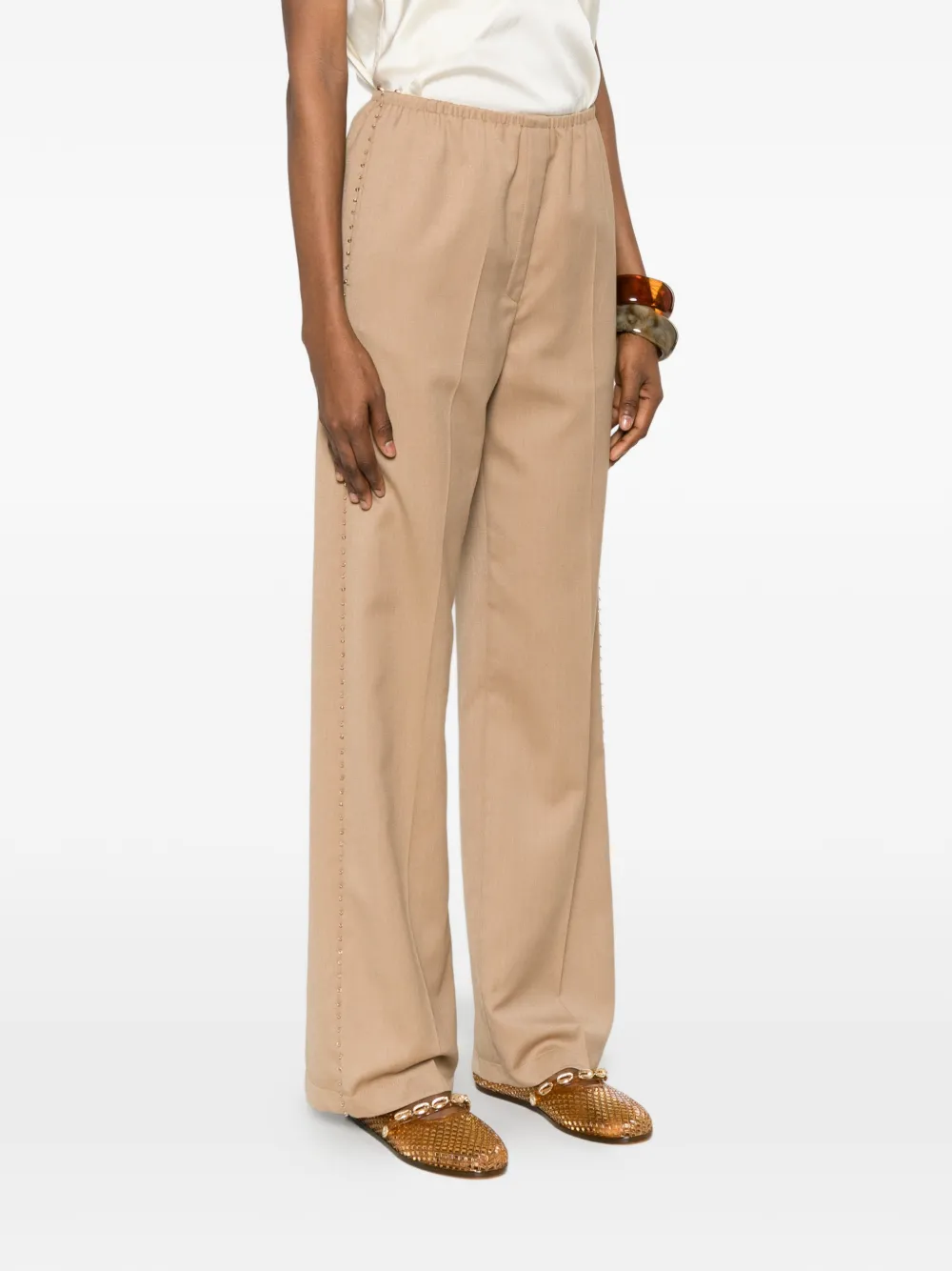 Forte Broek verfraaid met kralen en wijde pijpen Beige