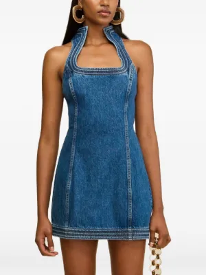 hi low denim dress VIOLET HIGH LOW HEM DENIM HALTER NECK DRESS  AKIRA