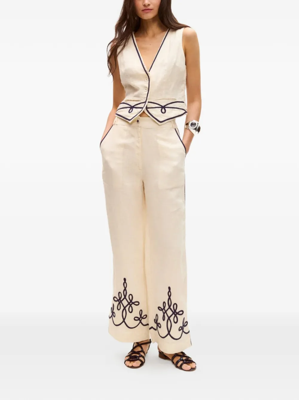 Carolina K Sam linnen broek met geborduurd detail Beige