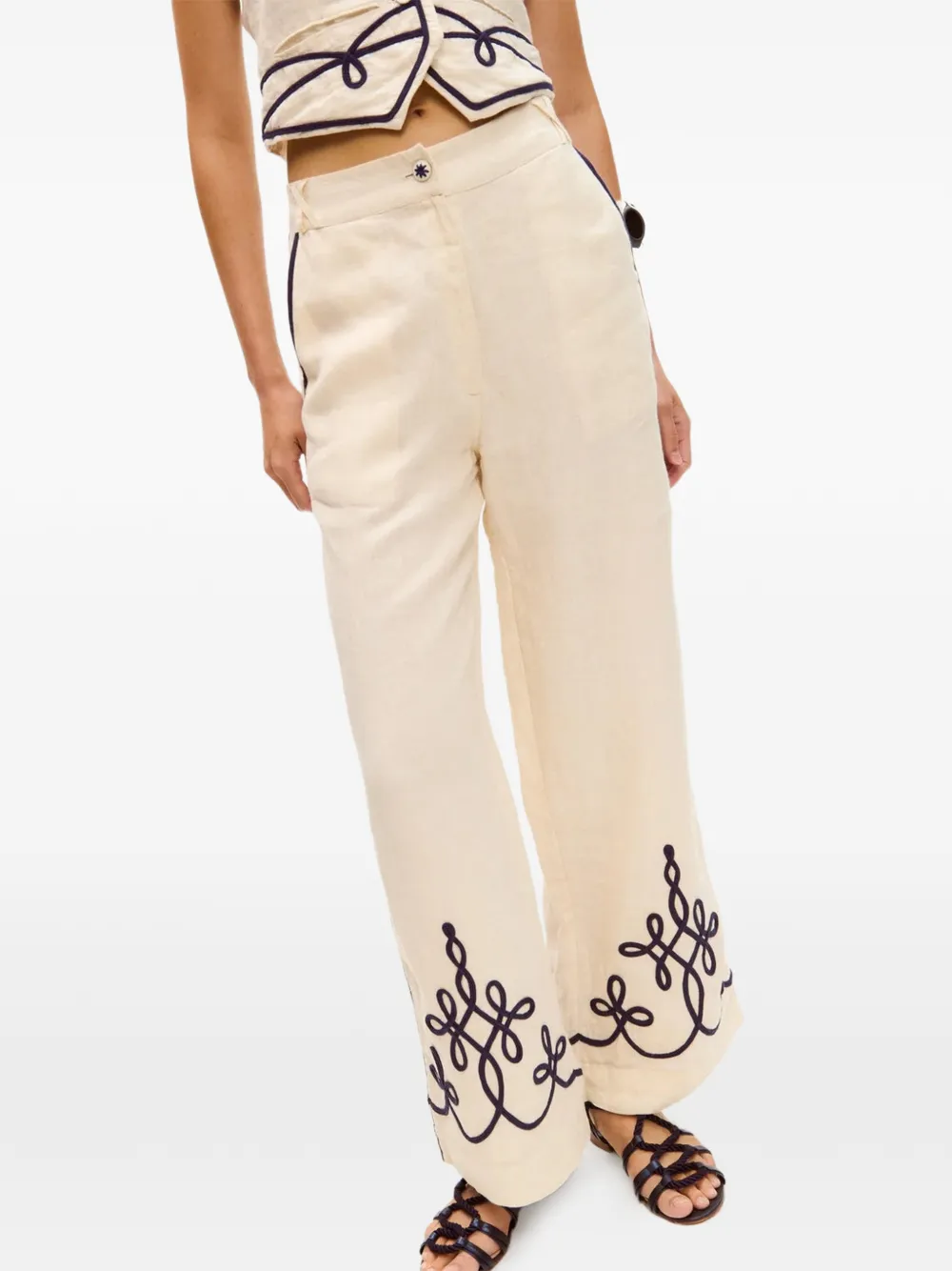Carolina K Sam linnen broek met geborduurd detail Beige