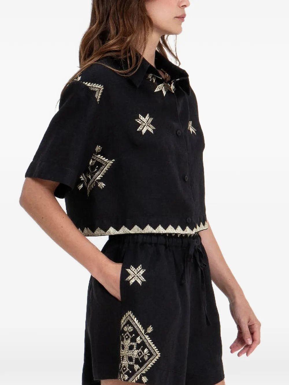 GREEK ARCHAIC KORI embroidered-details cropped top - Nero