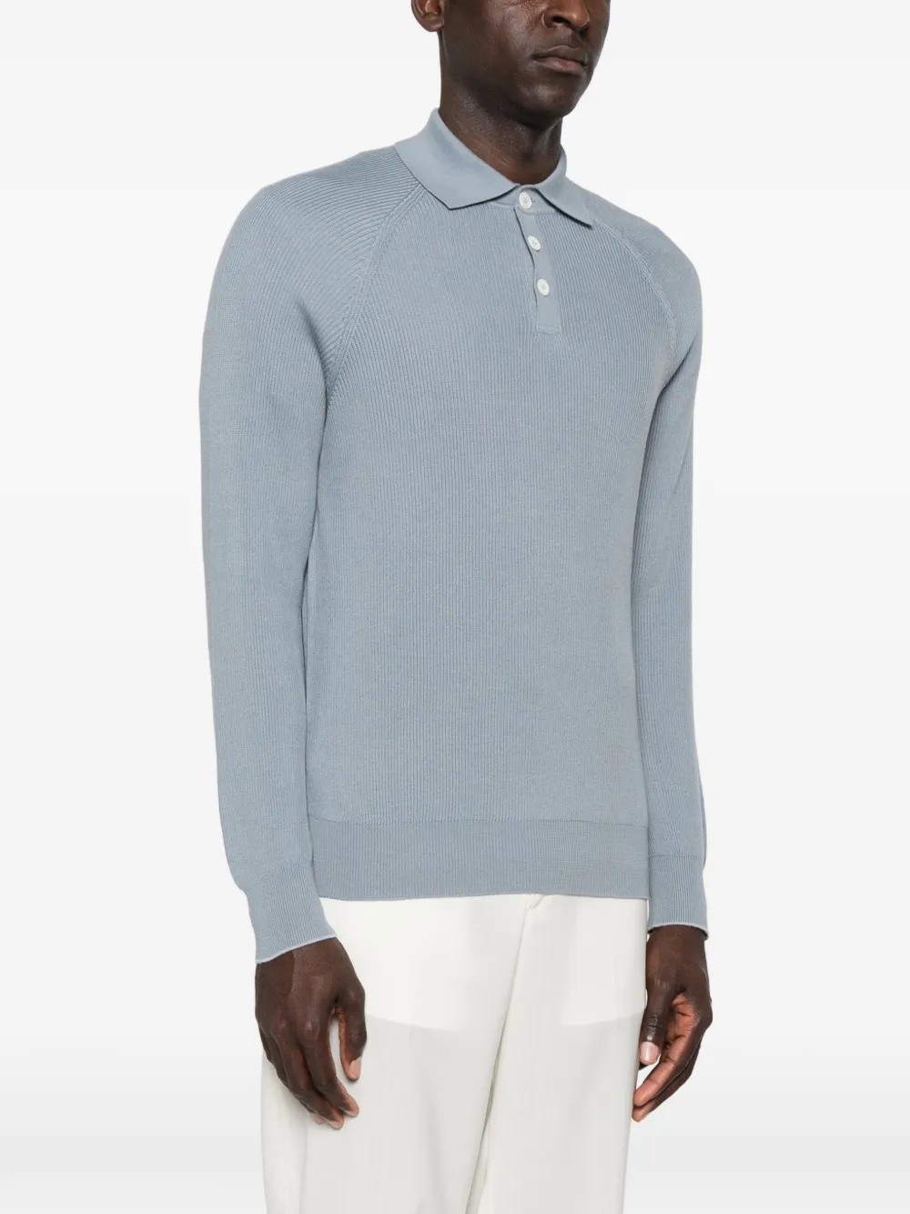 Brunello Cucinelli Ribgebreid katoenen poloshirt met lange raglan mouwen Blauw
