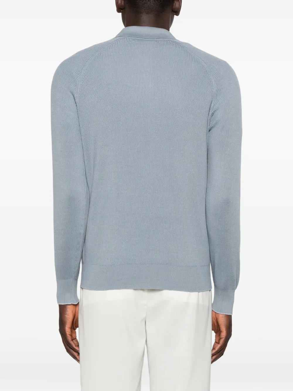 Brunello Cucinelli Ribgebreid katoenen poloshirt met lange raglan mouwen Blauw