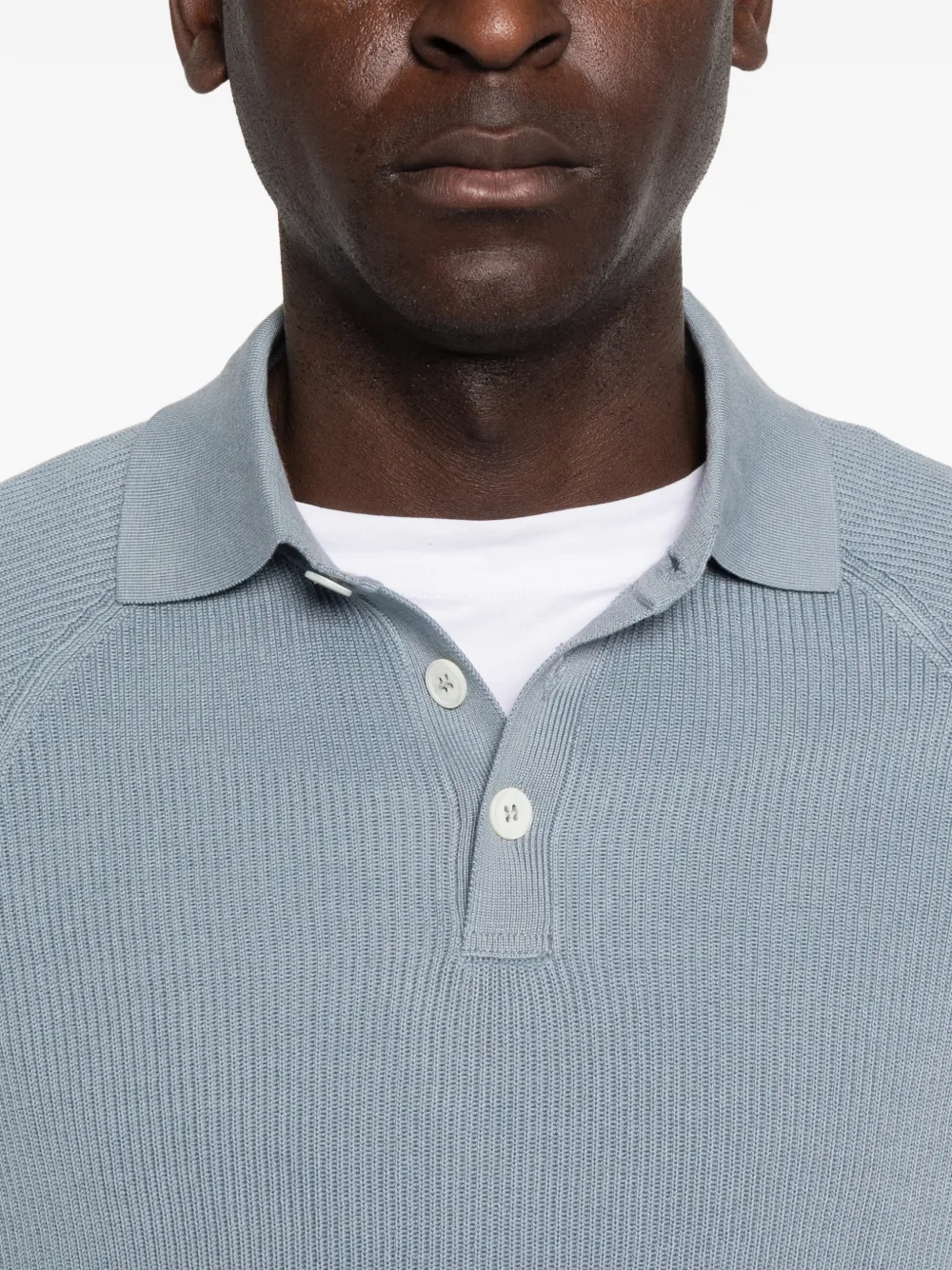 Brunello Cucinelli Ribgebreid katoenen poloshirt met lange raglan mouwen Blauw
