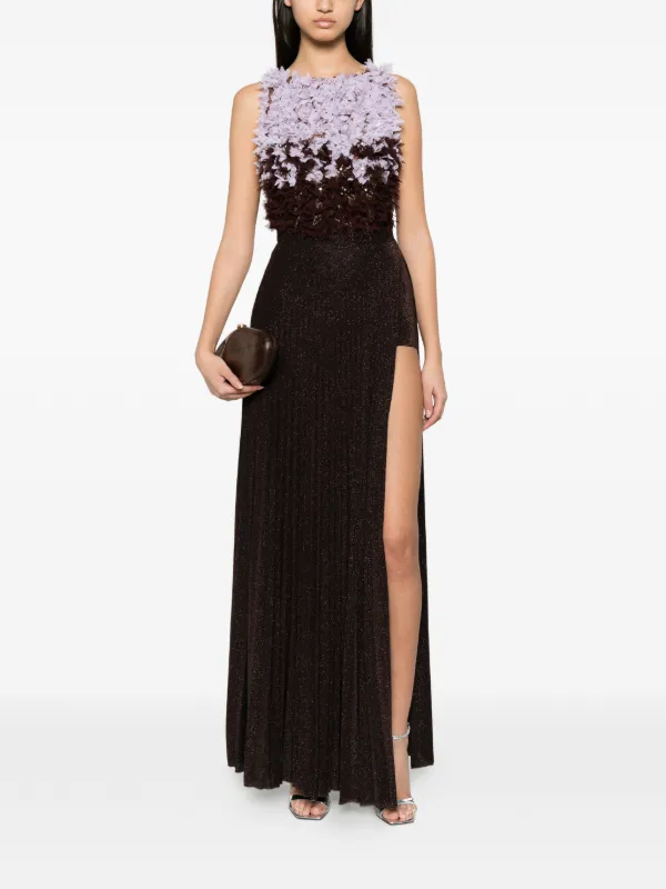 elisabetta franchi pleated long dress Elisabetta Franchi floral-appliqué Pleated Maxi Dress | Brown