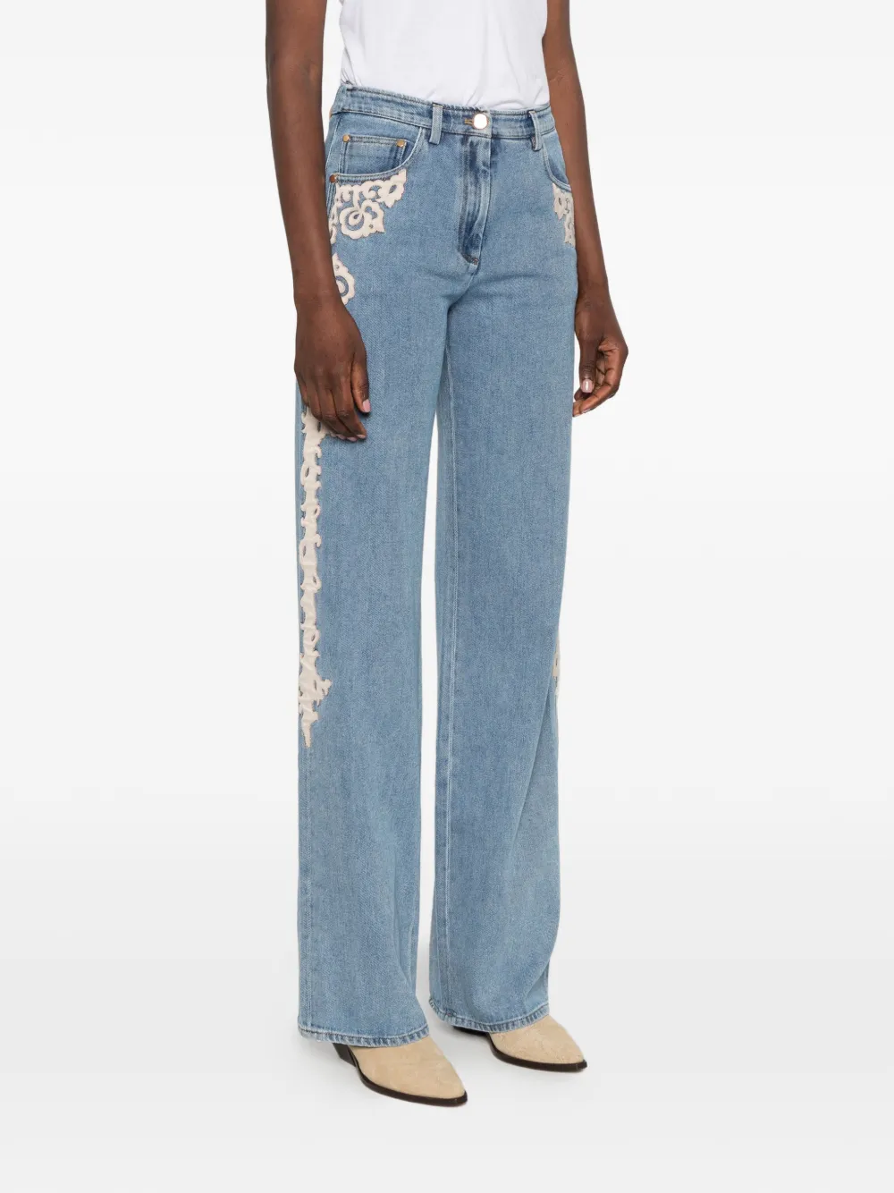 Forte Jeans met kanten applicatie Blauw