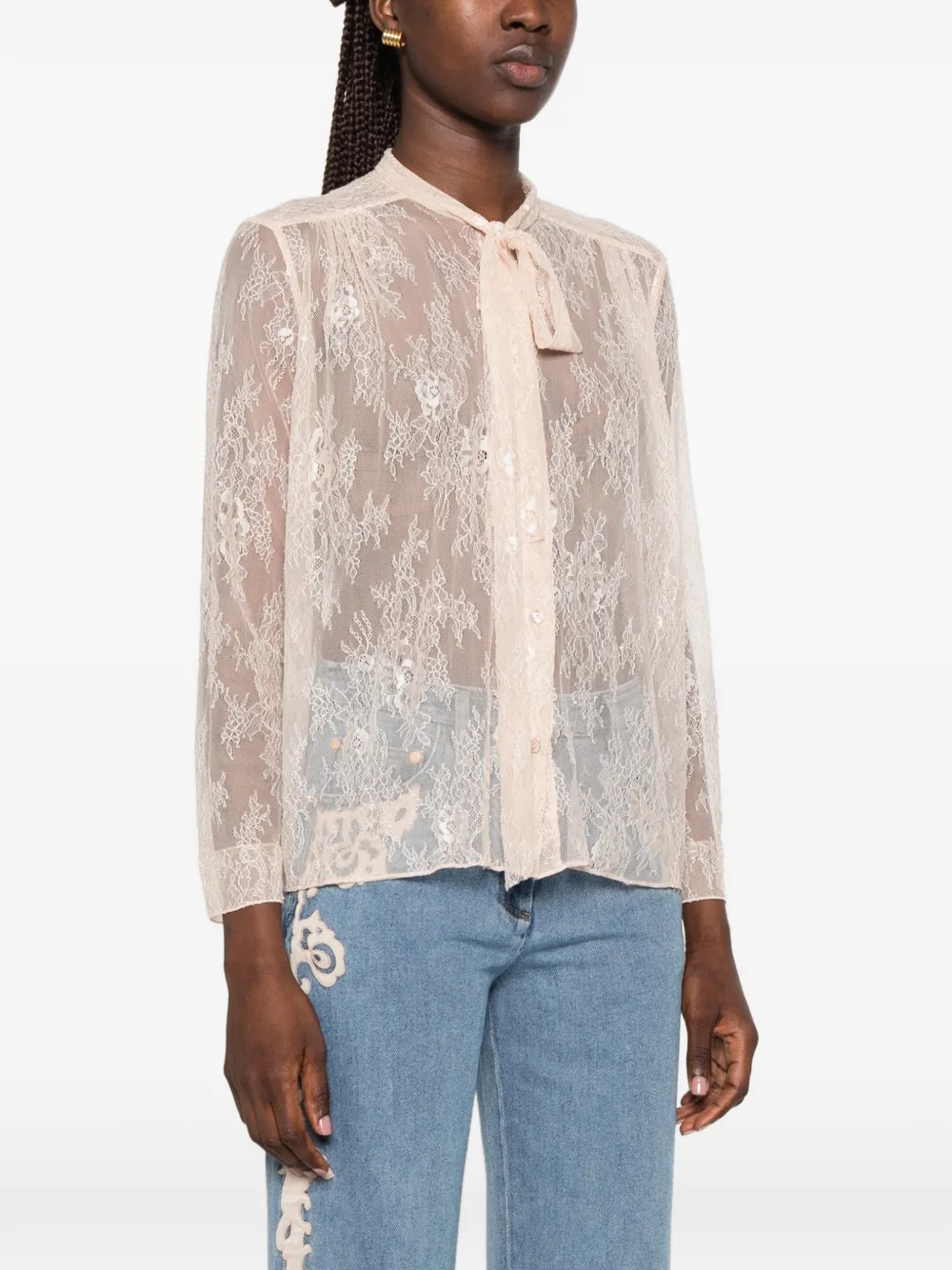 Forte Blouse verfraaid met pailletten en kanten borduurwerk Roze