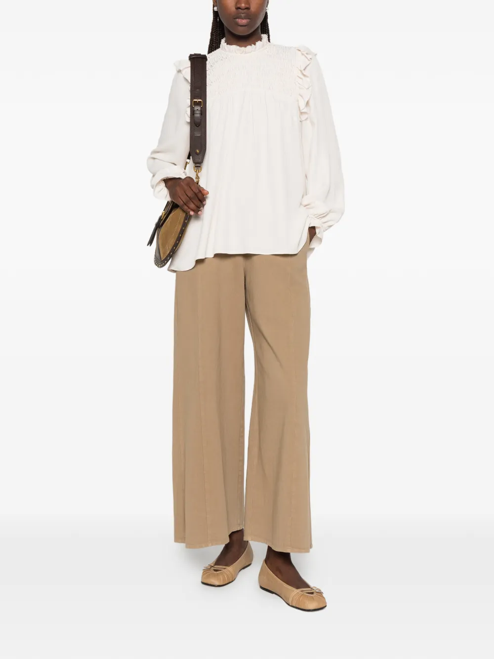 Forte Gesmockte blouse met ruches Beige