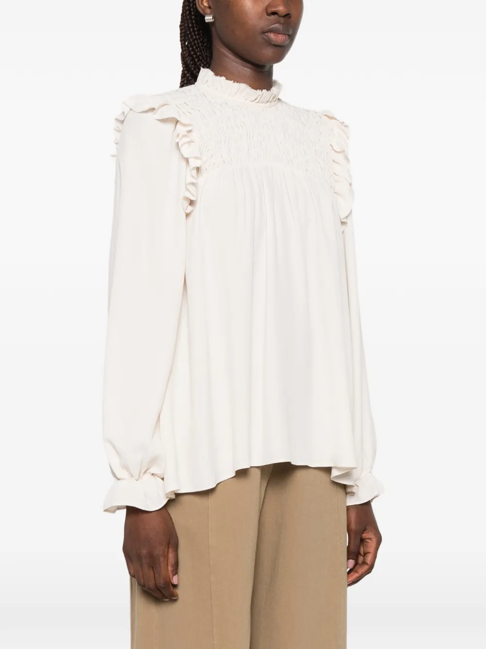 Forte Gesmockte blouse met ruches Beige