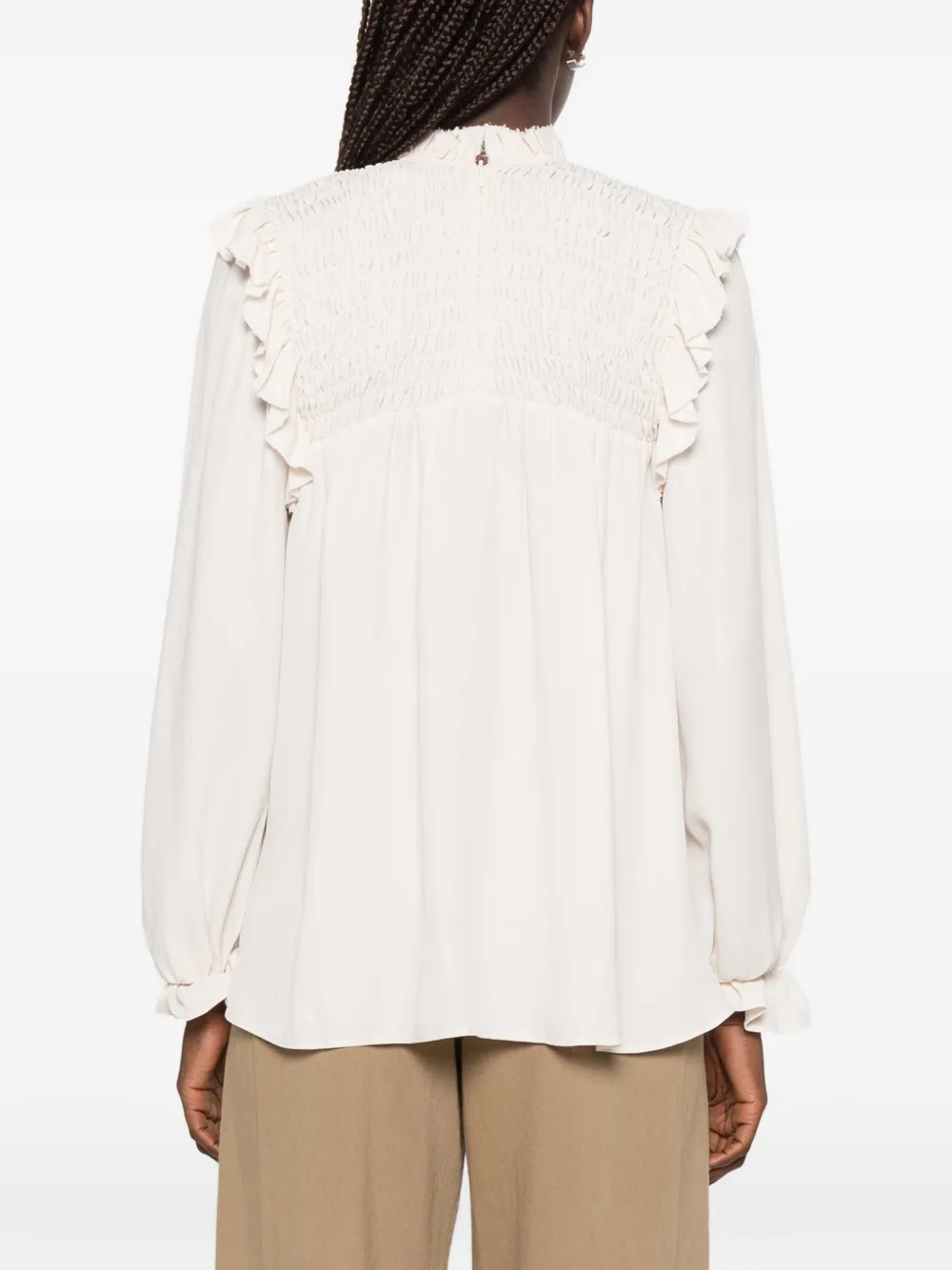 Forte Gesmockte blouse met ruches Beige
