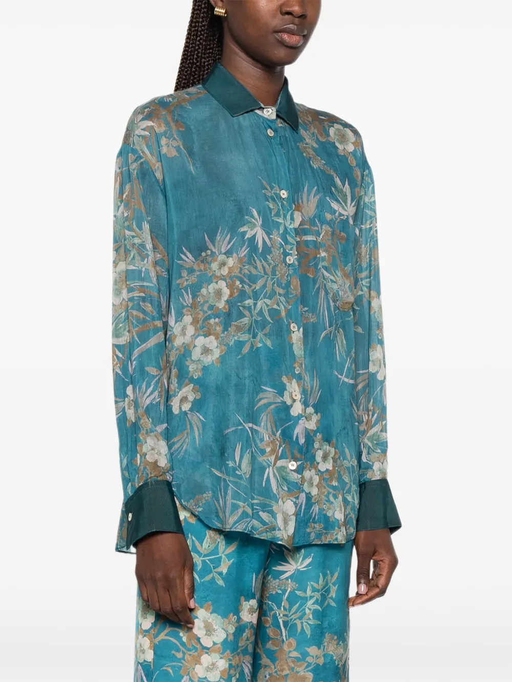 Forte Le Bambou Secret overhemd met bloemenprint Blauw