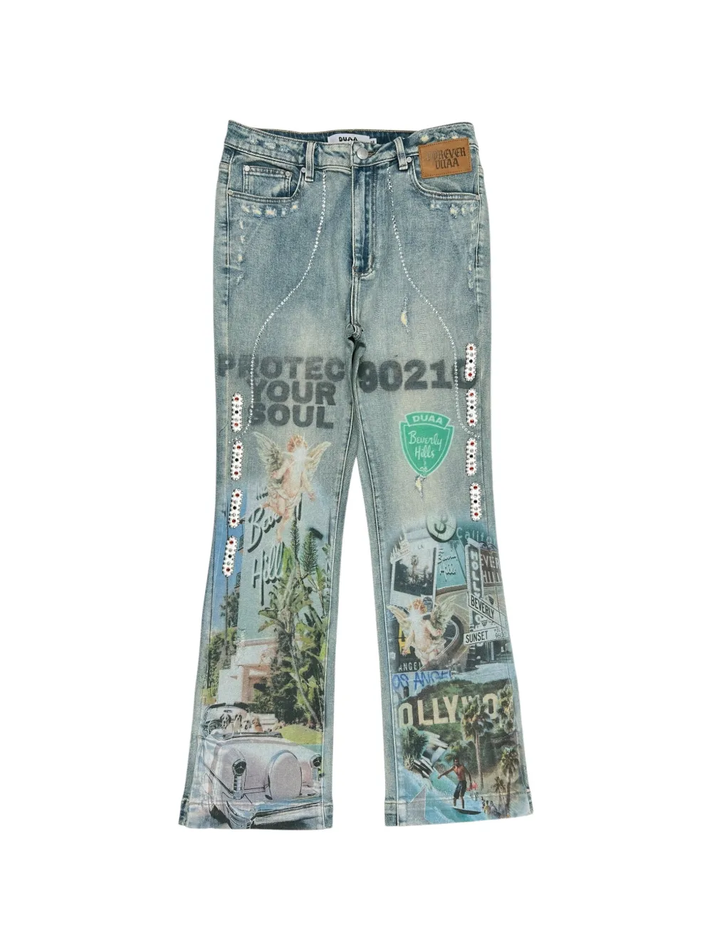 duaa rhinestone print denim jeans - Blau