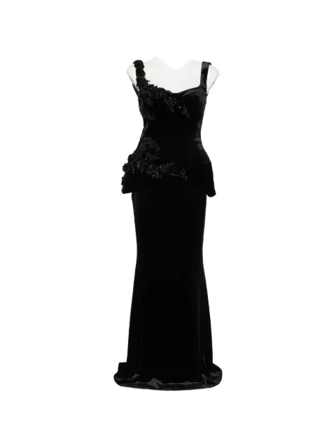Adamaris bead-embellished velvet maxi skirt and top set