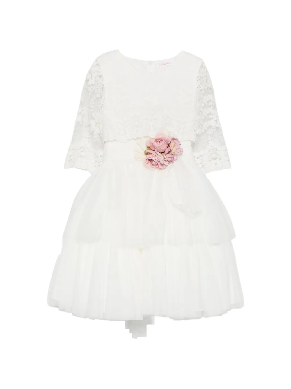 Mimilù lace-overlay floral-appliqué dress - Bianco