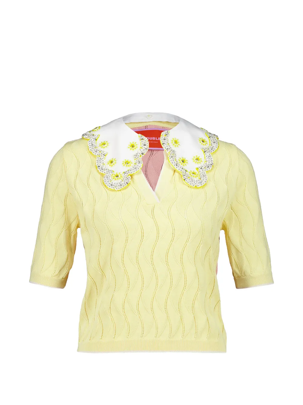 La DoubleJ pointelle-knit embroidered-collar T-shirt - Giallo
