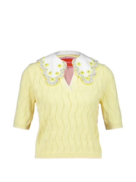 La DoubleJ pointelle-knit embroidered-collar T-shirt
