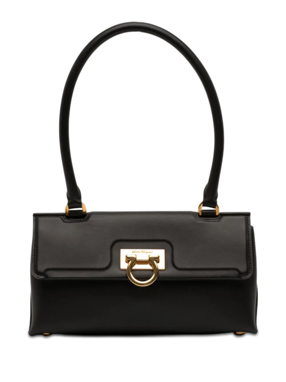 Pre-owned Ferragamo 2000-2025 Leather Gancini Trifolio Swing Top Handle Bag Handbag In Black