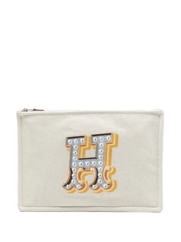 Hermès Pre-owned 2016-2025 H Canvas Embroidered Electrique Flat Case Clutch Bag in Brown