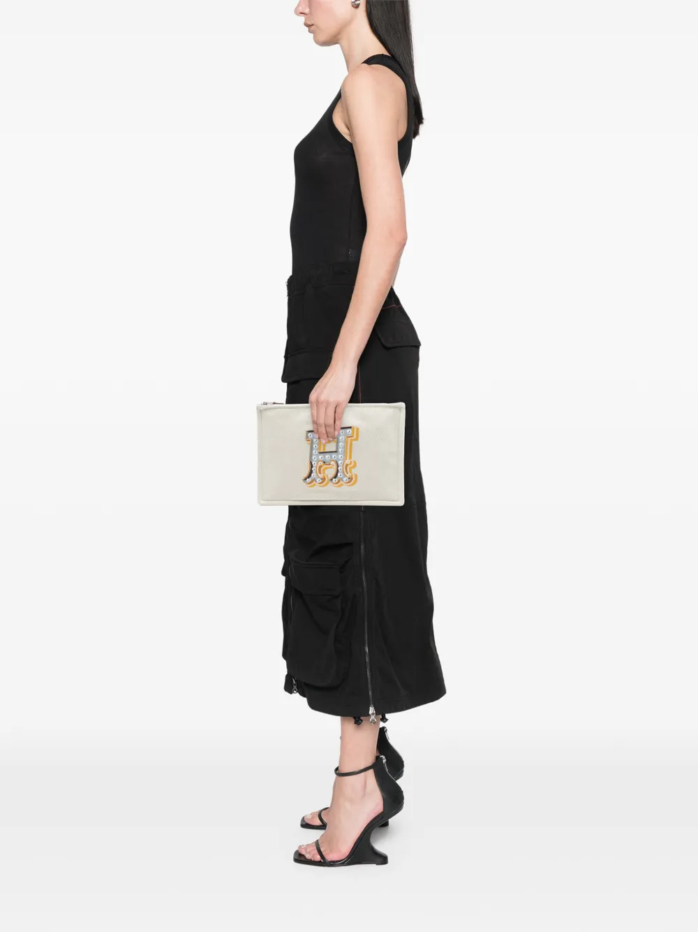 Hermès Pre-owned 2016-2025 H Canvas Embroidered Electrique Flat Case Clutch Bag in Brown, view 2