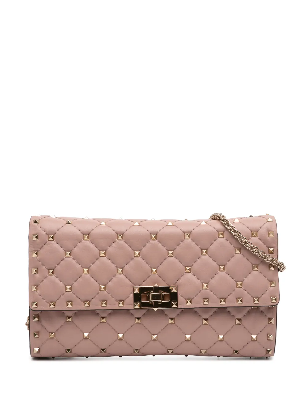 Pre-owned Valentino Garavani 2000-2017 Quilted Nappa Rockstud Spike Wallet On Chain Crossbody Bag In Pink
