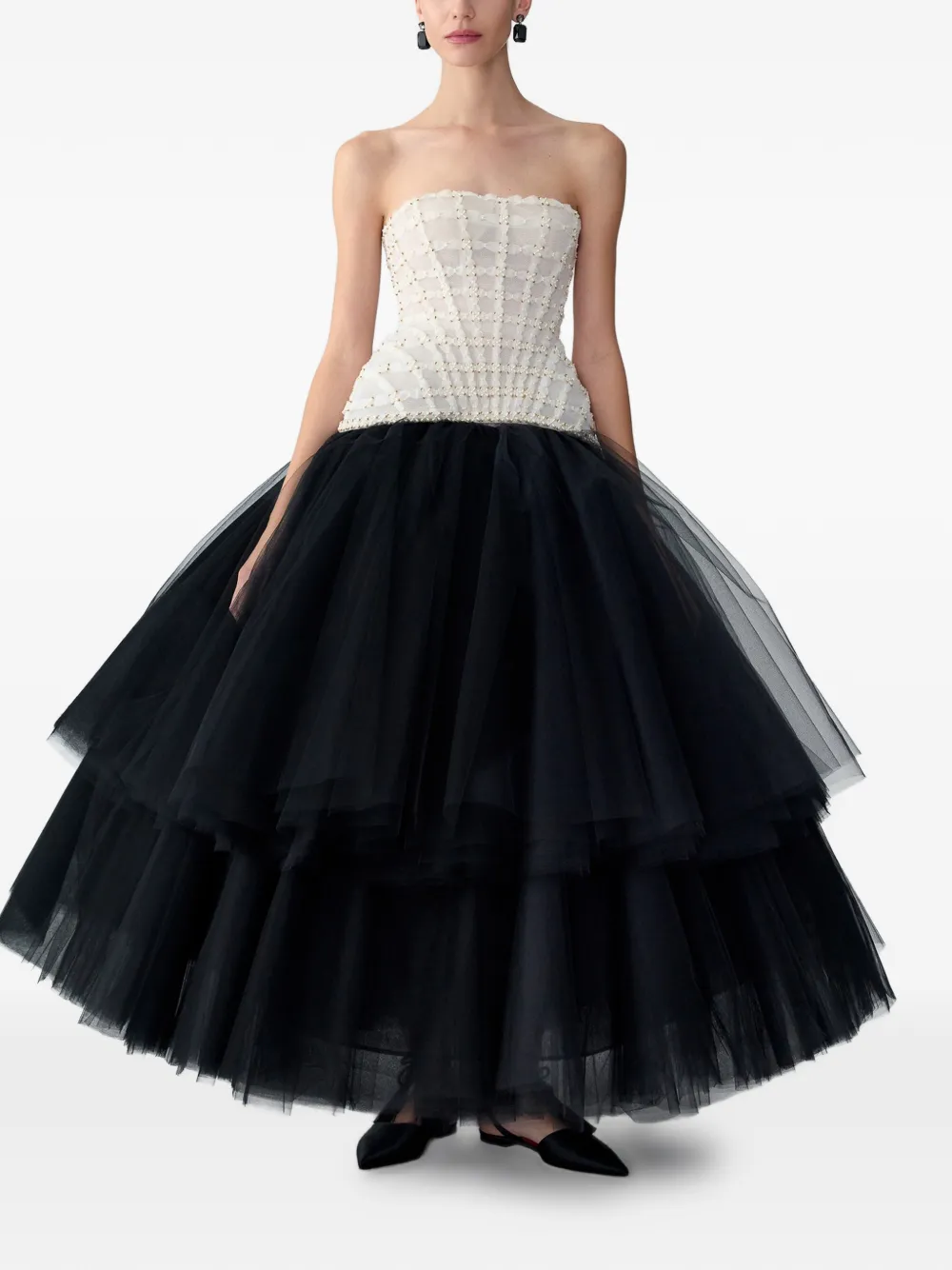 Carolina Herrera Parel geborduurde strapless midi-jurk Zwart