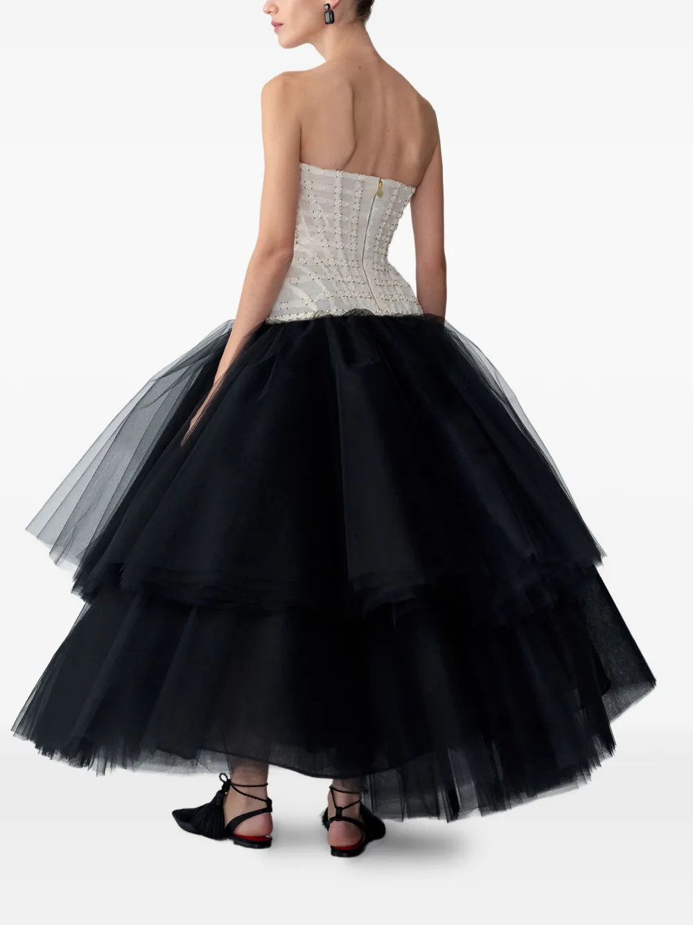 Carolina Herrera Parel geborduurde strapless midi-jurk Zwart