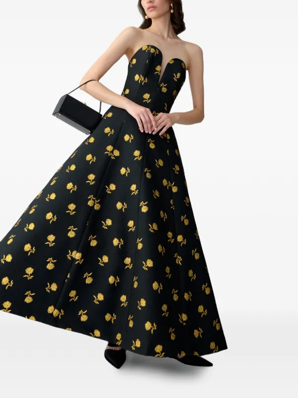 Carolina Herrera Carnation Jacquard V-neck Dress - Black Carolina Herrera Carnation Jacquard V-neck Dress - Black