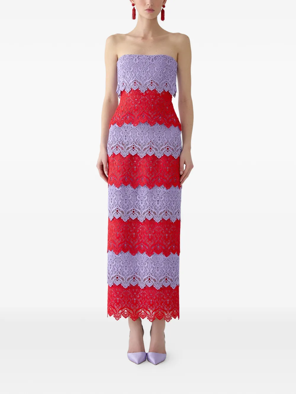 Carolina Herrera Strapless maxi-jurk met kanten afwerking Rood