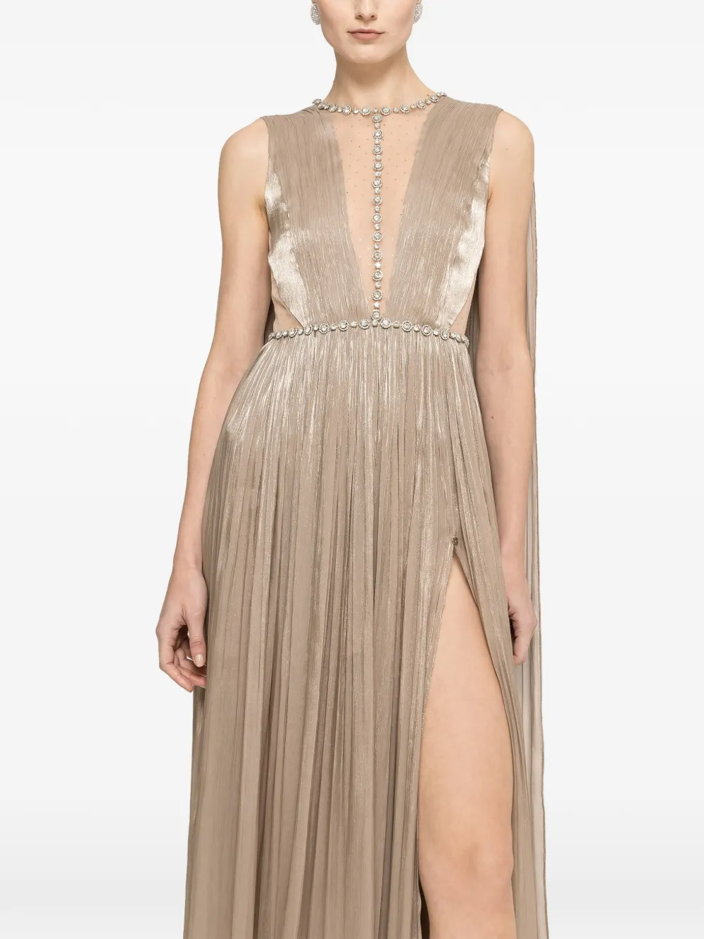 NISSA Chiffon maxi-jurk verfraaid met kristallen Beige