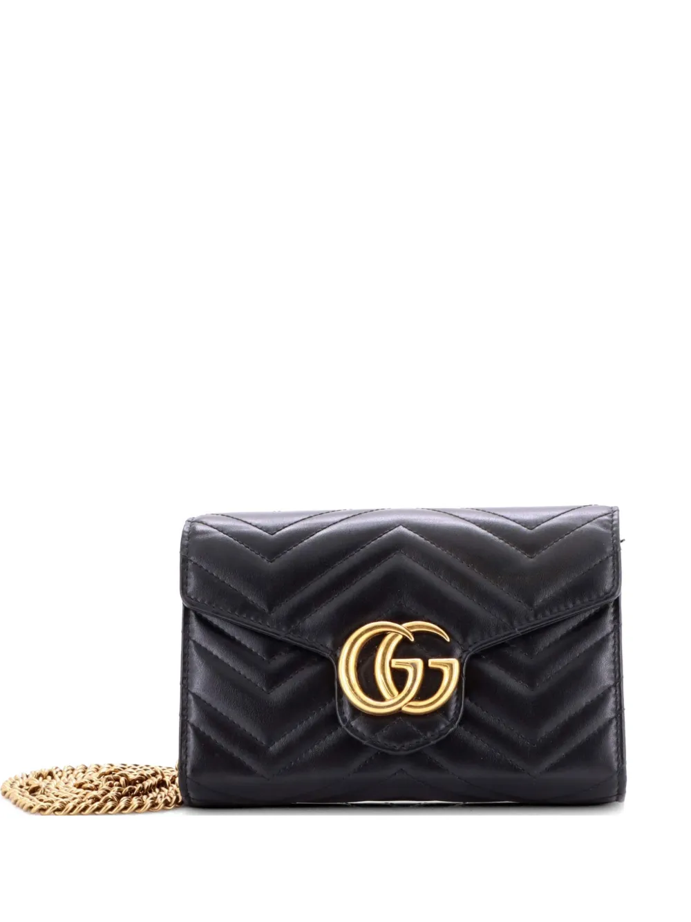 Pre-owned Gucci Gg Marmont Chain Wallet Matelasse Leather Mini Crossbody Bag In Black