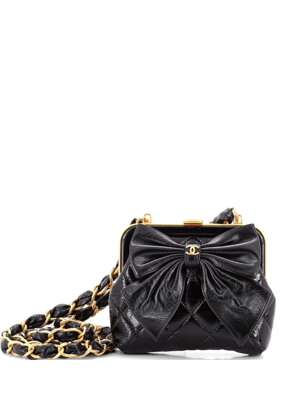 CHANEL Pre-Owned Borsa a tracolla mini in pelle di agnello trapuntata con fiocco e catena - Nero