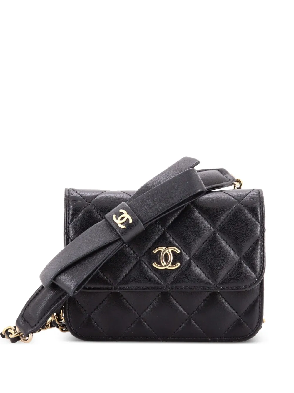 CHANEL Pre-Owned Bow Strap Card Holder on Chain Quilted Lambskin clutch bag - Nero